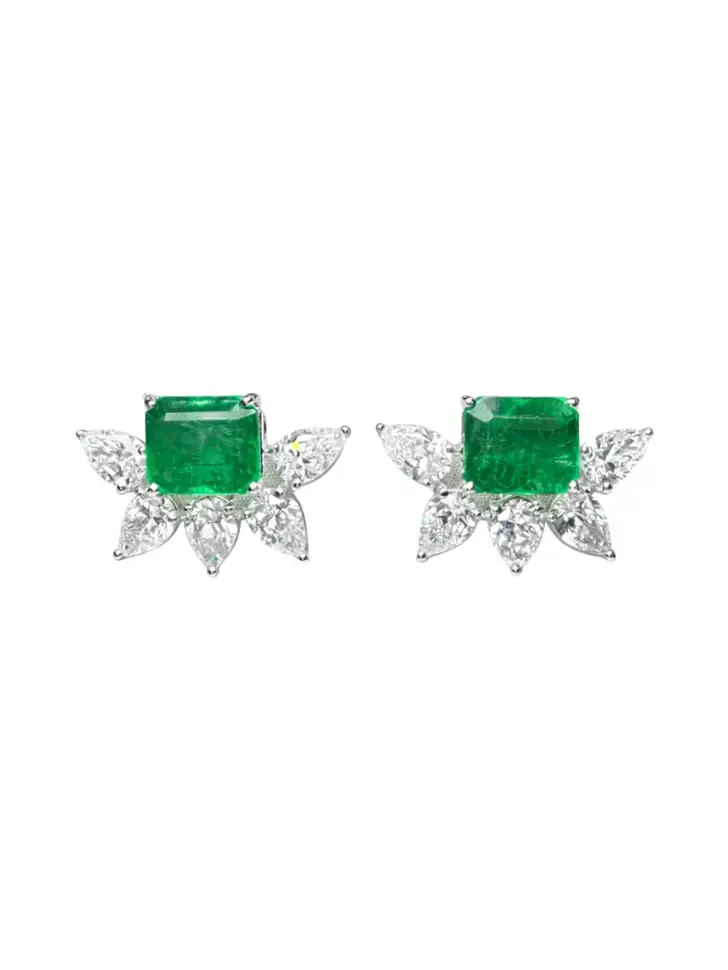 12.81ct Emerald Diamond 18K Gold Leaf Earrings