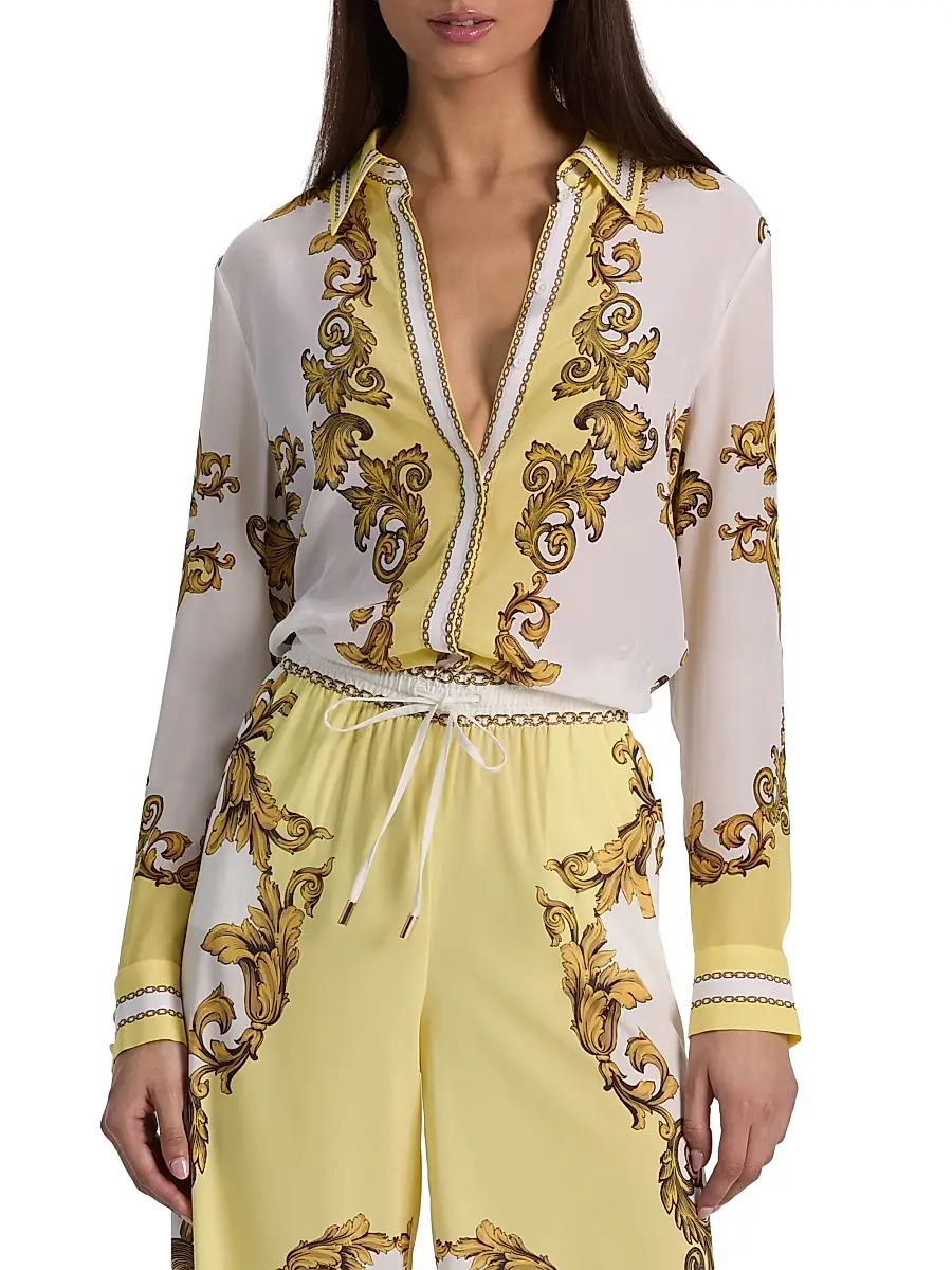 Alice + Olivia Women's Willa Golden Coast Print Silk Blouse | Thumbnail 3