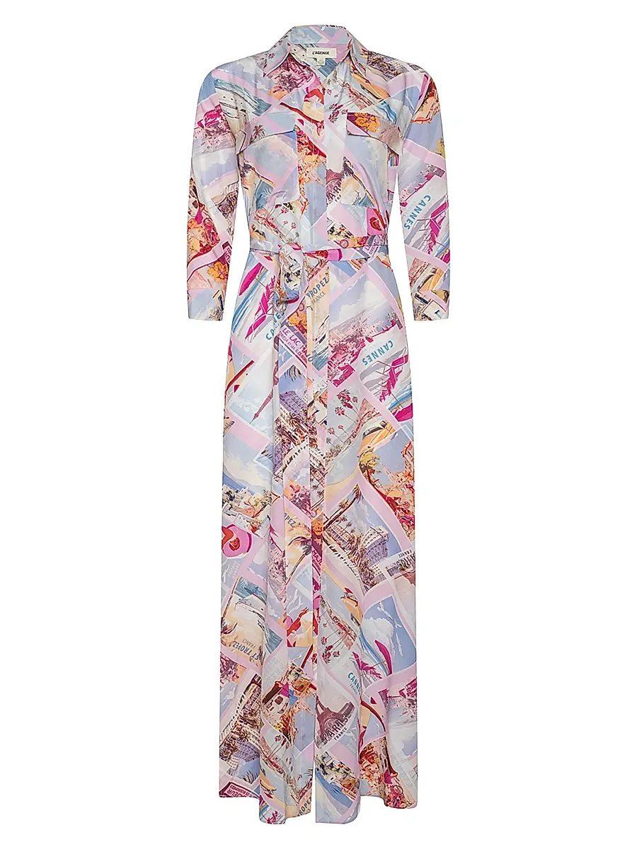 L'Agence Women's Cameron Postcard-Print Silk Shirtdress