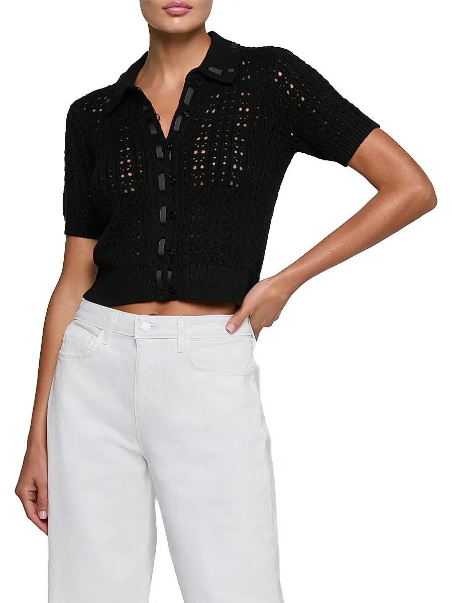 L'Agence Women's Ninette Grosgrain-Trim Pointelle Cardigan | Thumbnail 3