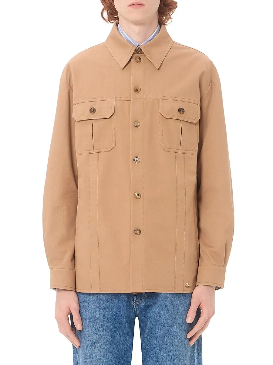 Valentino Men's Cotton Gabardine Shirt Jacket with VLogo - Camel | Thumbnail 2 Valentino Men's Cotton Gabardine Shirt Jacket with VLogo - Camel | Thumbnail 2