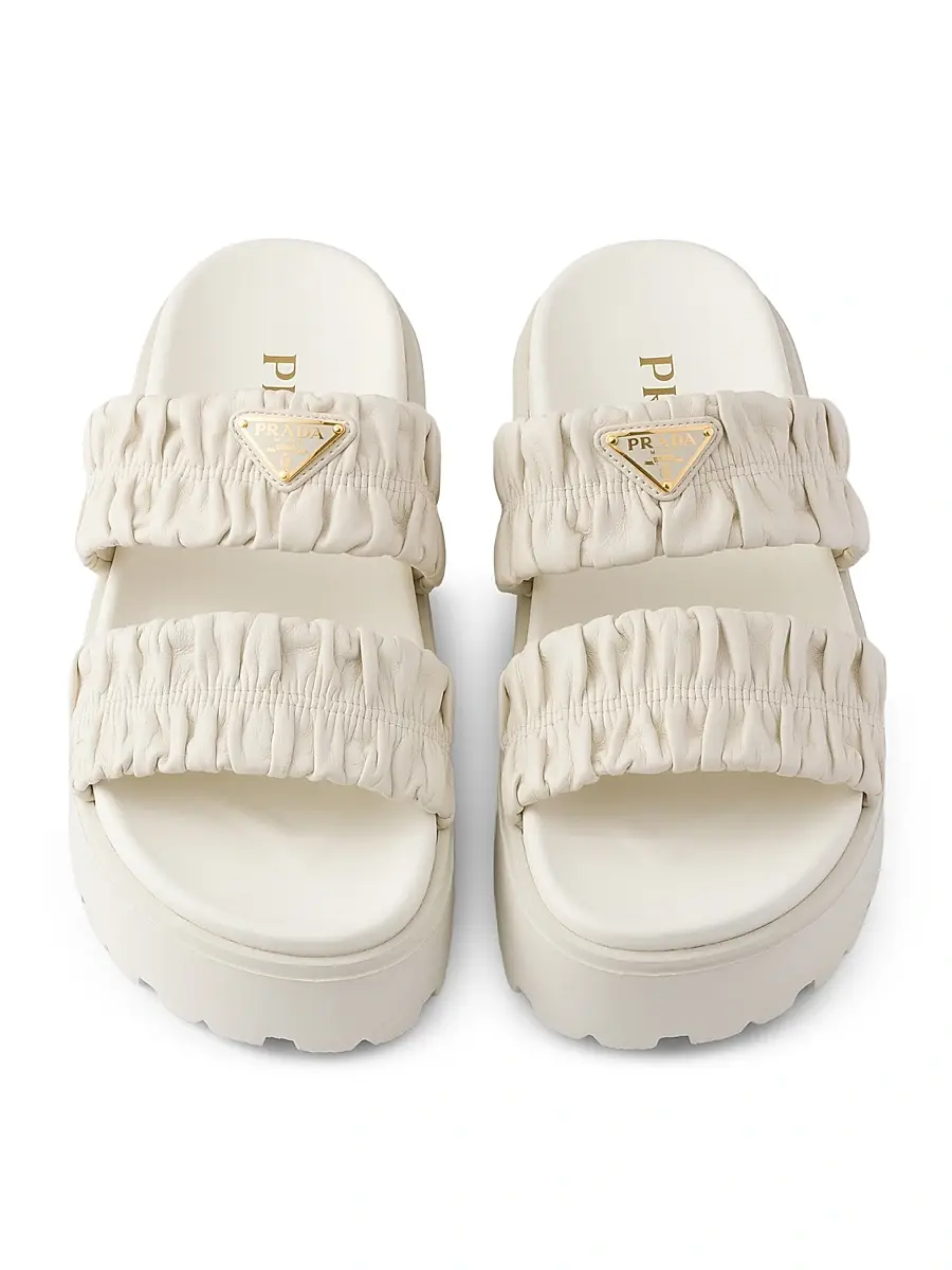 Prada Women's Matelassé Nappa Leather Flatform Slides - White | Thumbnail 4 Prada Women's Matelassé Nappa Leather Flatform Slides - White | Thumbnail 4