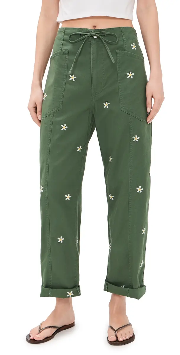DAZE Villa Drawstring Pants Bronze Green Daisy | Image 1 DAZE Villa Drawstring Pants Bronze Green Daisy | Image 1