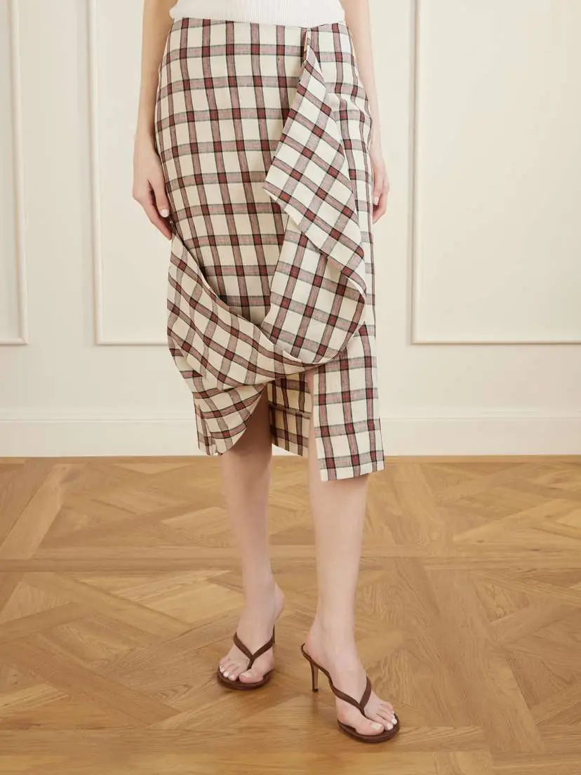 RÓHE Draped Checked Linen Midi Skirt | Thumbnail 3 RÓHE Draped Checked Linen Midi Skirt | Thumbnail 3