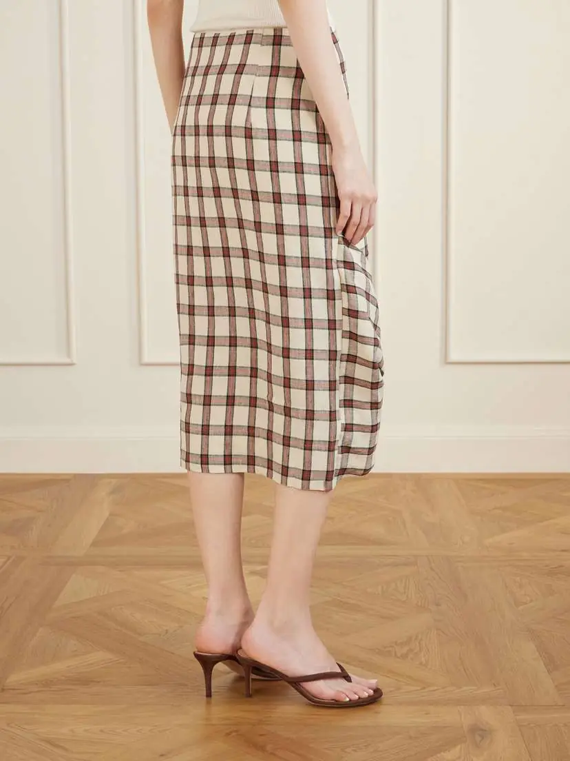 RÓHE Draped Checked Linen Midi Skirt | Thumbnail 4 RÓHE Draped Checked Linen Midi Skirt | Thumbnail 4
