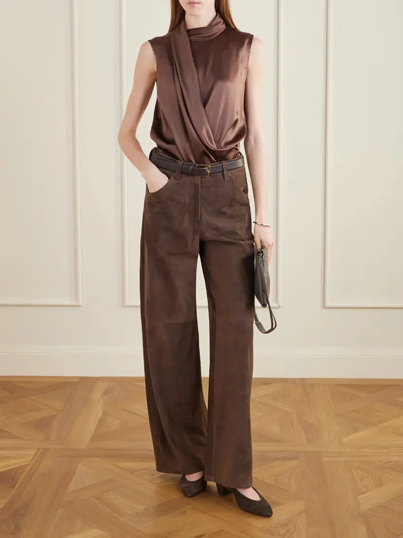 Brunello Cucinelli Wrap-effect Sleeveless Draped Silk-blend Satin Blouse | Thumbnail 2 Brunello Cucinelli Wrap-effect Sleeveless Draped Silk-blend Satin Blouse | Thumbnail 2