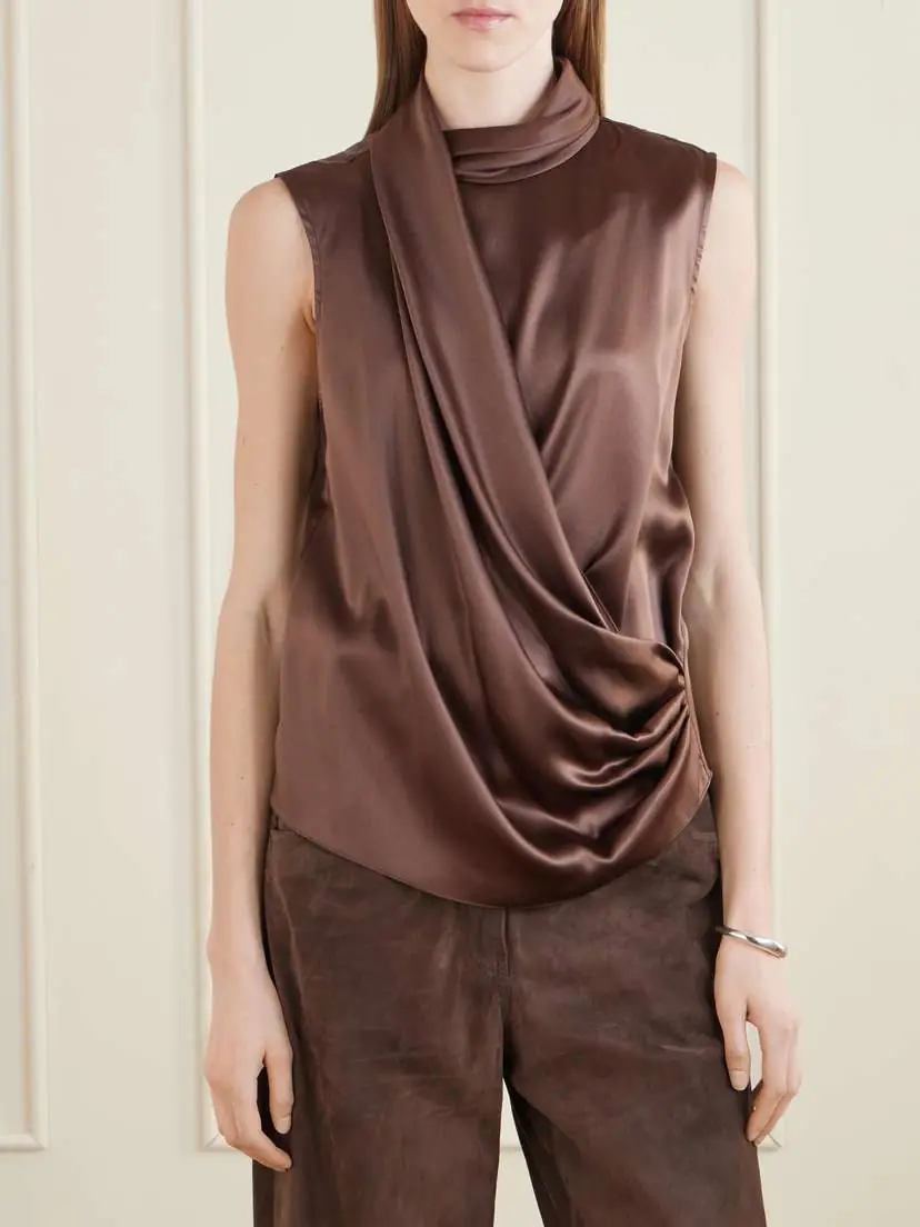 Brunello Cucinelli Wrap-effect Sleeveless Draped Silk-blend Satin Blouse | Thumbnail 3 Brunello Cucinelli Wrap-effect Sleeveless Draped Silk-blend Satin Blouse | Thumbnail 3
