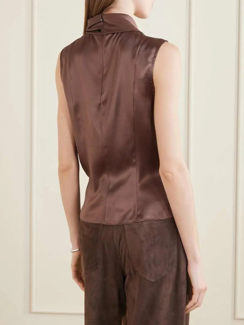Brunello Cucinelli Wrap-effect Sleeveless Draped Silk-blend Satin Blouse | Thumbnail 4 Brunello Cucinelli Wrap-effect Sleeveless Draped Silk-blend Satin Blouse | Thumbnail 4