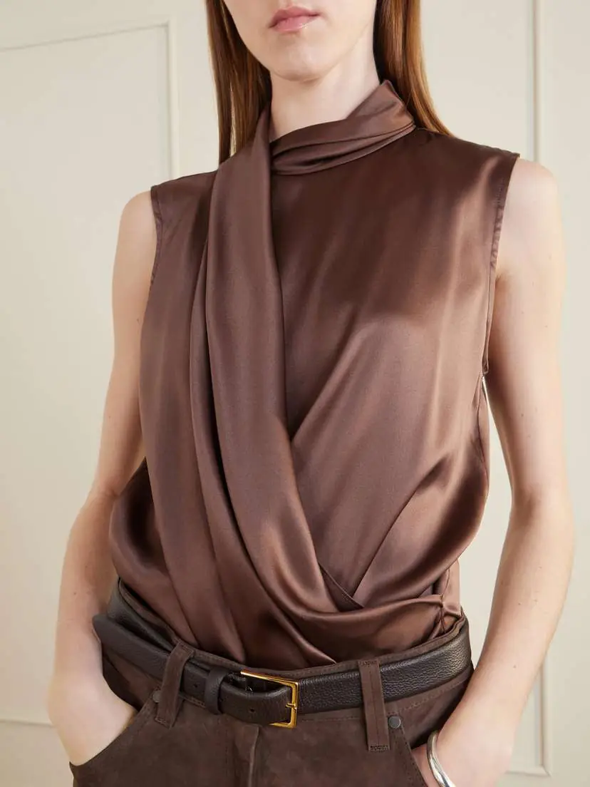 Brunello Cucinelli Wrap-effect Sleeveless Draped Silk-blend Satin Blouse | Thumbnail 5 Brunello Cucinelli Wrap-effect Sleeveless Draped Silk-blend Satin Blouse | Thumbnail 5