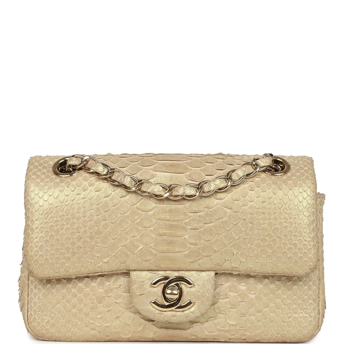 Chanel Pre-owned Chanel Mini Rectangular Flap Bag Iridescent Gold Python Gold Hardware | Image 1 Chanel Pre-owned Chanel Mini Rectangular Flap Bag Iridescent Gold Python Gold Hardware | Image 1