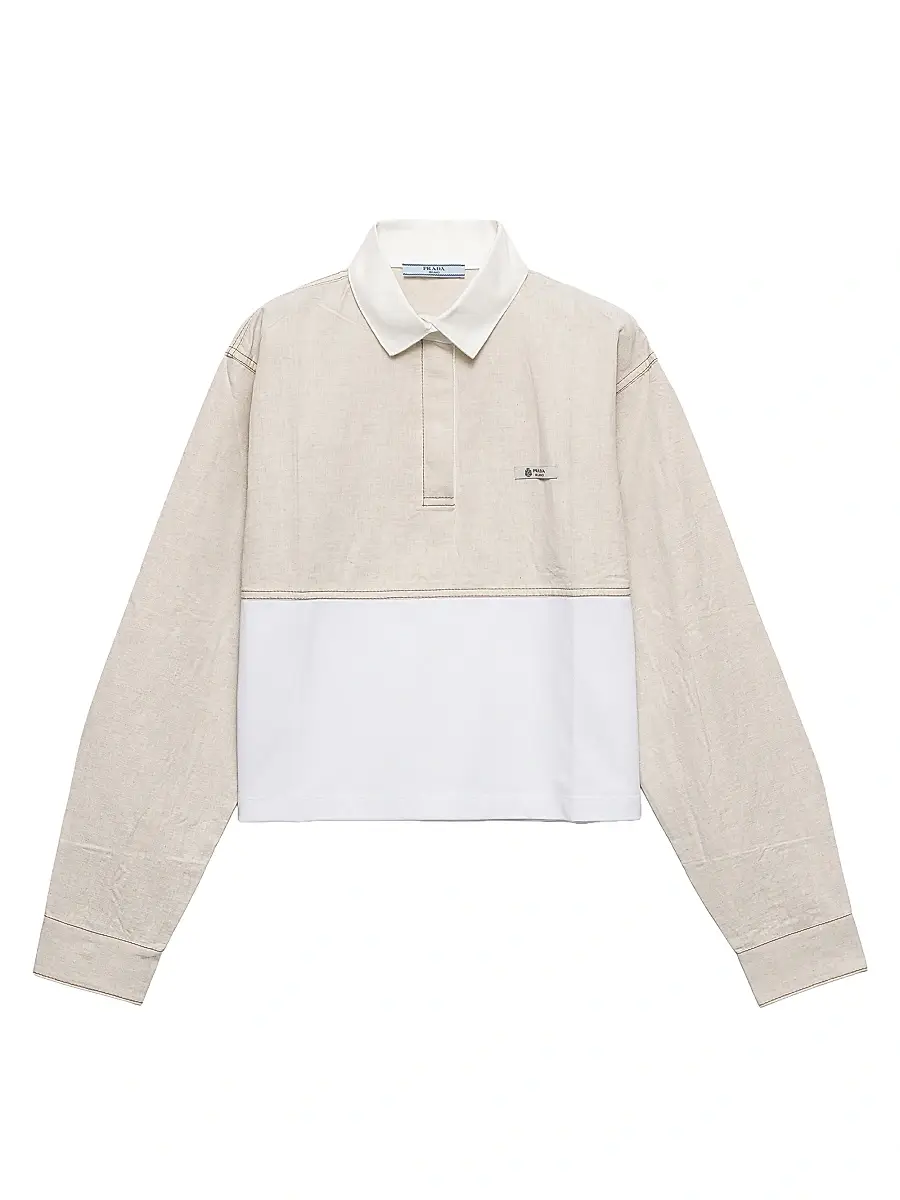 Prada Women's Chambray and Jersey Polo Shirt - Beige Khaki | Image 1 Prada Women's Chambray and Jersey Polo Shirt - Beige Khaki | Image 1