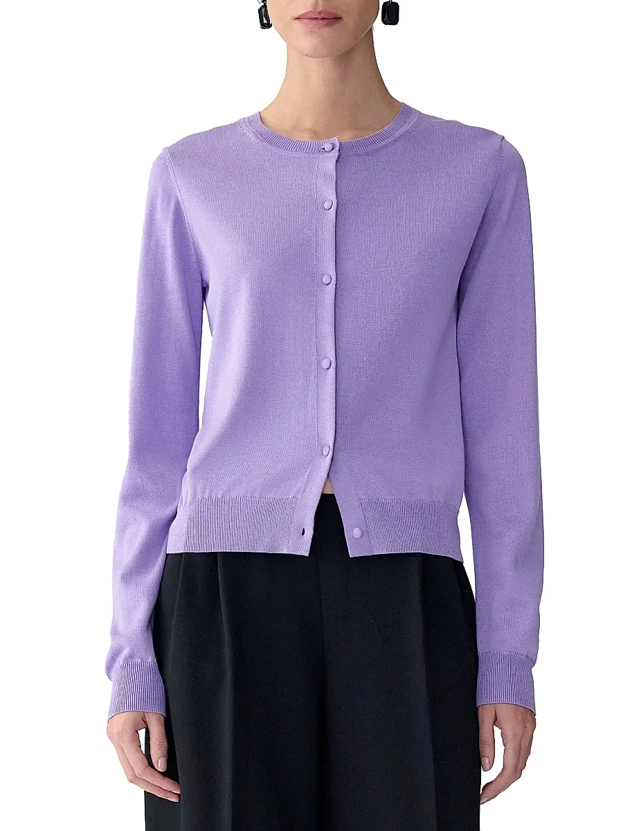 Carolina Herrera Women's Crewneck Silk-Cotton Cardigan - Violeta | Thumbnail 3 Carolina Herrera Women's Crewneck Silk-Cotton Cardigan - Violeta | Thumbnail 3