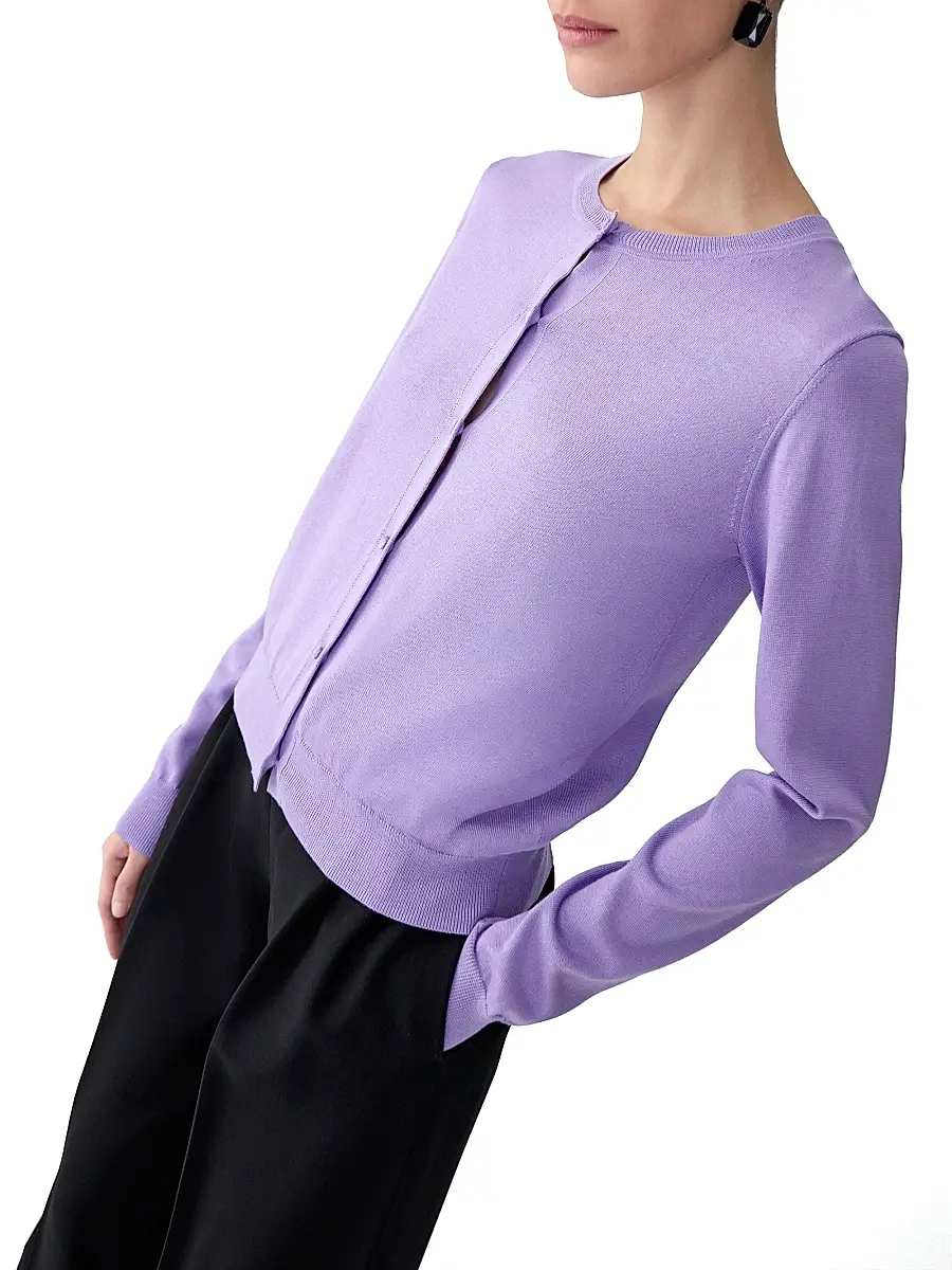 Carolina Herrera Women's Crewneck Silk-Cotton Cardigan - Violeta | Thumbnail 4 Carolina Herrera Women's Crewneck Silk-Cotton Cardigan - Violeta | Thumbnail 4