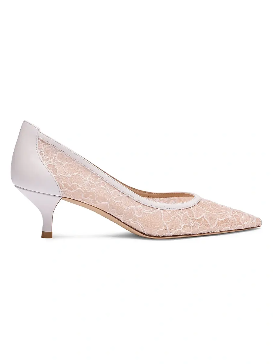 Stuart Weitzman Women's Stuart Power 50MM Floral Lace Kitten-Heel Pumps - Beige And Blanco | Image 1 Stuart Weitzman Women's Stuart Power 50MM Floral Lace Kitten-Heel Pumps - Beige And Blanco | Image 1