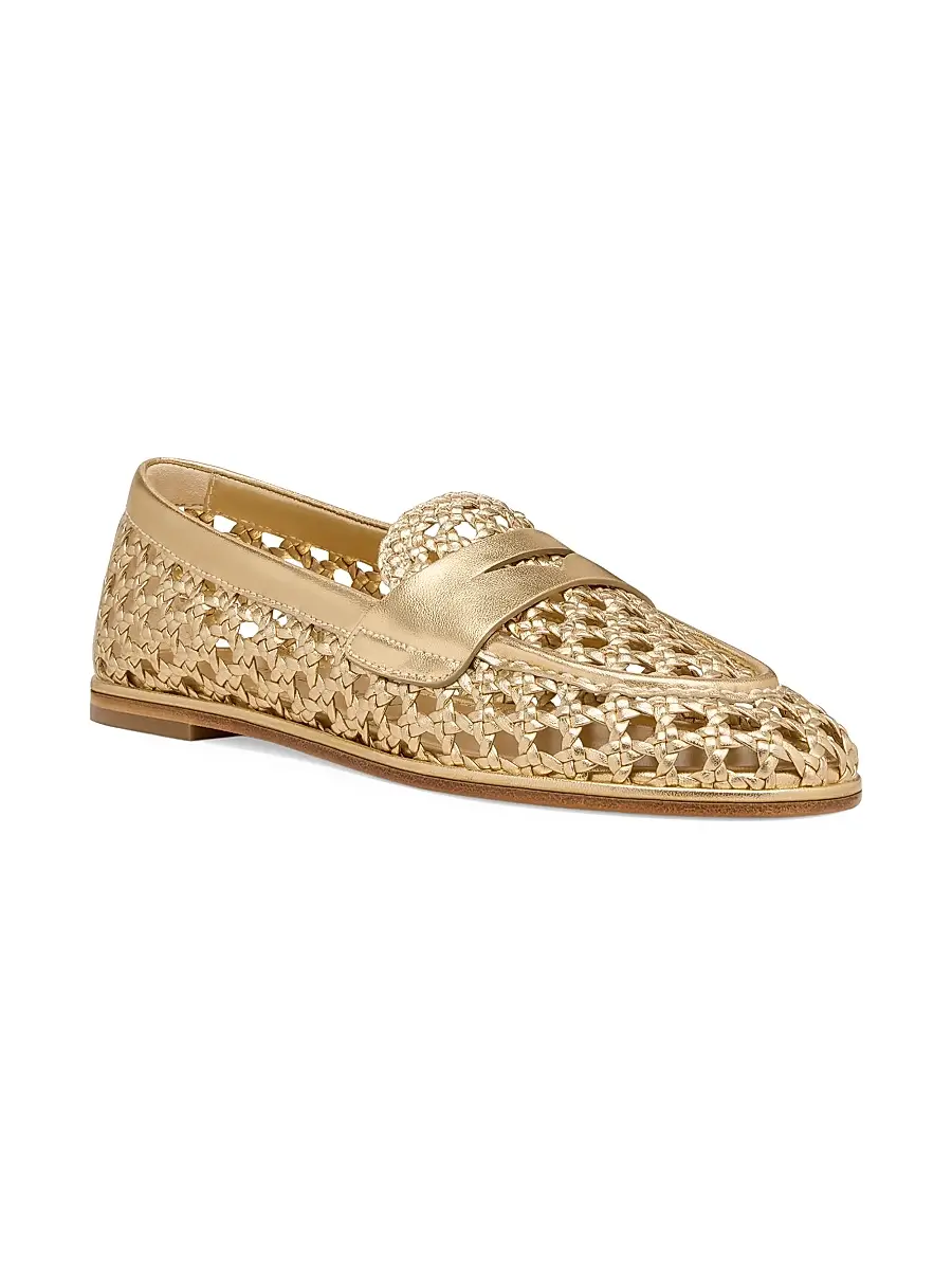 Stuart Weitzman Women's Spencer Open-Knit Leather Penny Loafers | Thumbnail 2