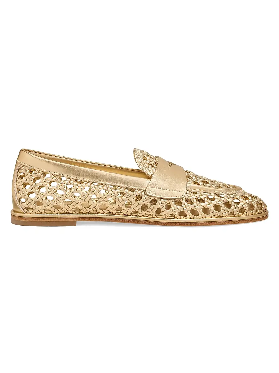 Stuart Weitzman Women's Spencer Open-Knit Leather Penny Loafers - Golden | Image 1 Stuart Weitzman Women's Spencer Open-Knit Leather Penny Loafers - Golden | Image 1