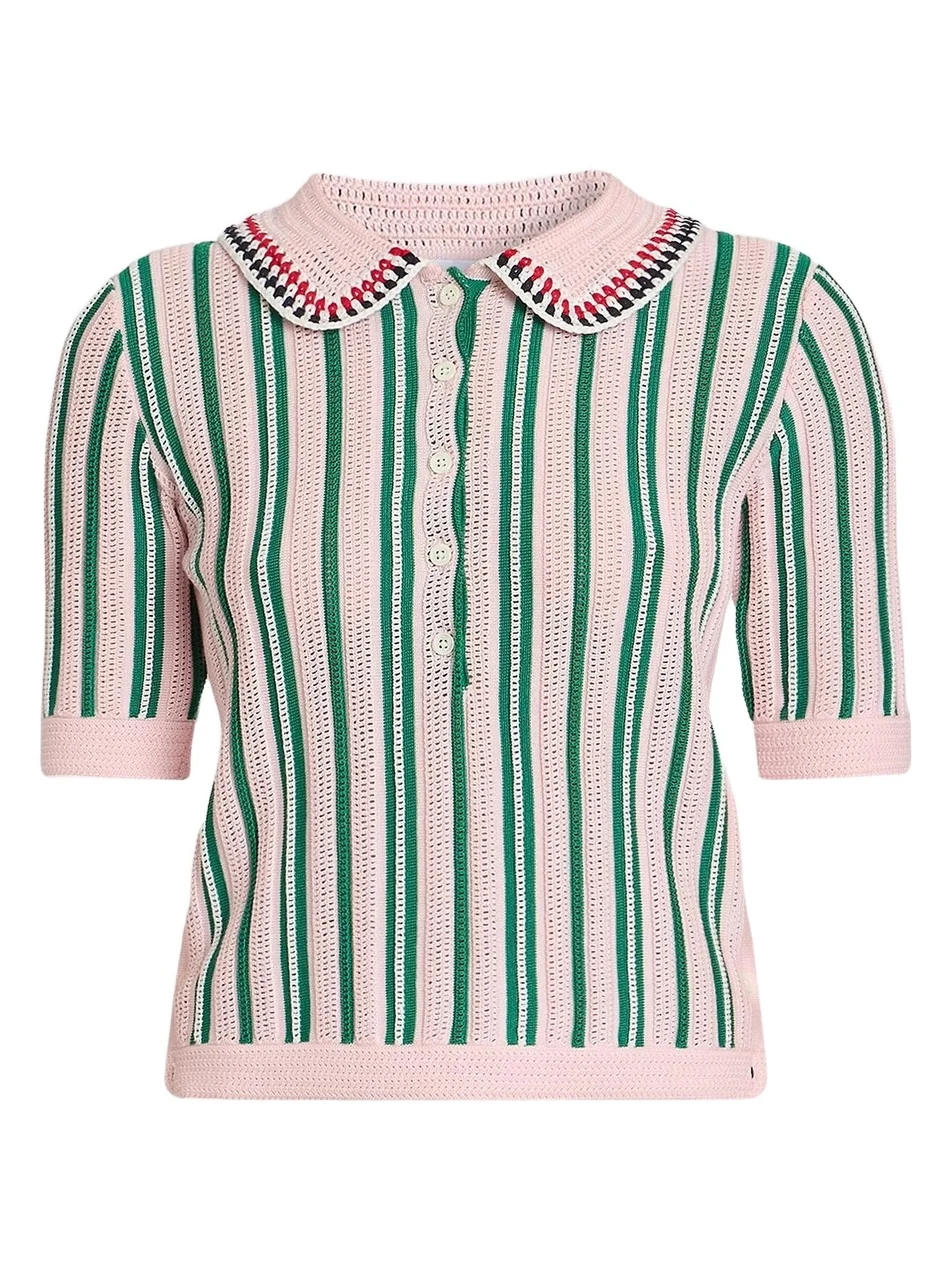 Women's Crochet Variegated Striped Cotton Polo Top Women's Crochet Variegated Striped Cotton Polo Top