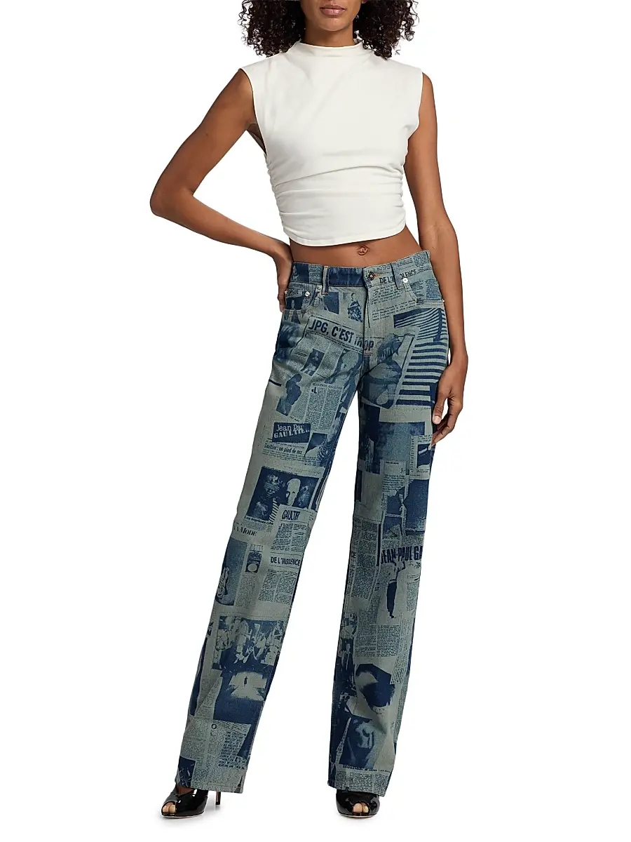 Jean Paul Gaultier Women's Newspaper Print Straight-Leg Jeans - Indigo Beige | Thumbnail 2 Jean Paul Gaultier Women's Newspaper Print Straight-Leg Jeans - Indigo Beige | Thumbnail 2
