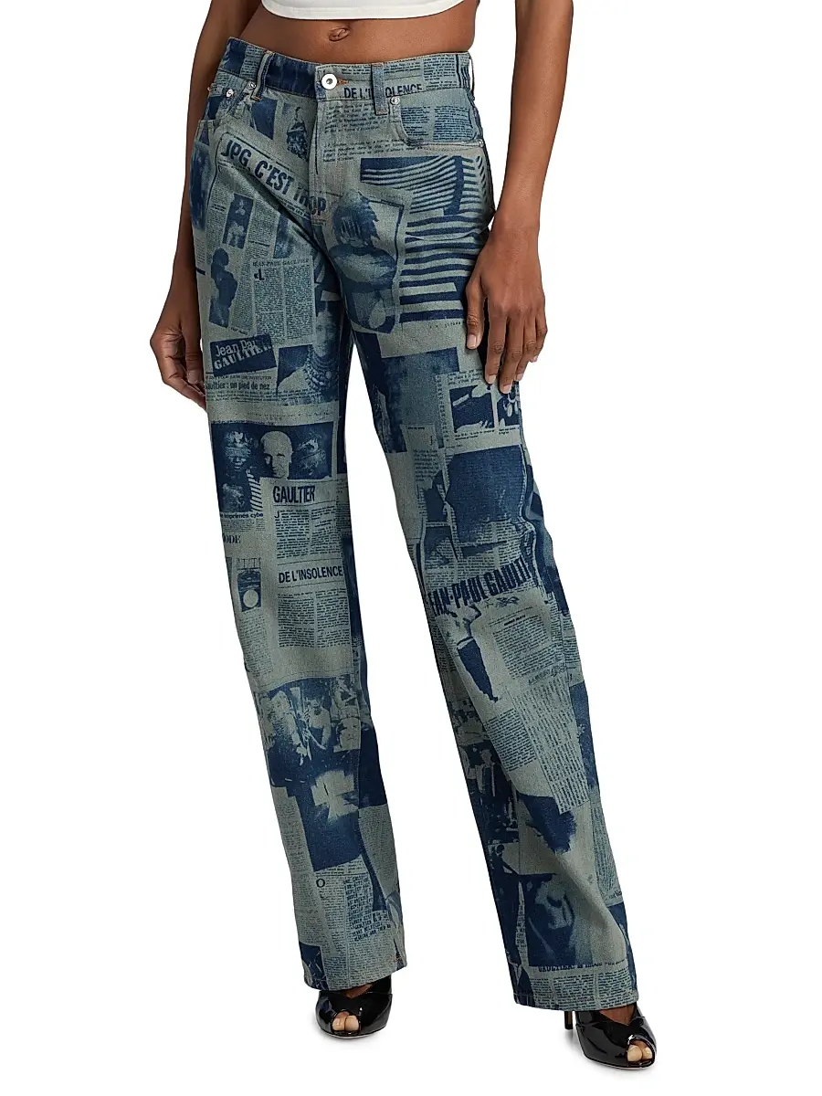 Jean Paul Gaultier Women's Newspaper Print Straight-Leg Jeans - Indigo Beige | Thumbnail 3 Jean Paul Gaultier Women's Newspaper Print Straight-Leg Jeans - Indigo Beige | Thumbnail 3