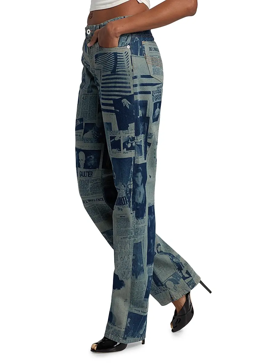 Jean Paul Gaultier Women's Newspaper Print Straight-Leg Jeans - Indigo Beige | Thumbnail 4 Jean Paul Gaultier Women's Newspaper Print Straight-Leg Jeans - Indigo Beige | Thumbnail 4