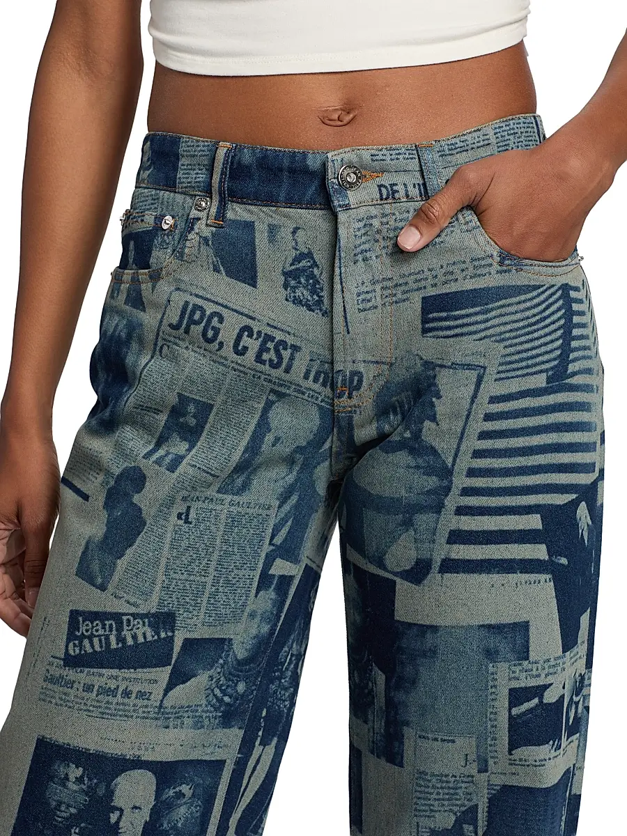 Jean Paul Gaultier Women's Newspaper Print Straight-Leg Jeans - Indigo Beige | Thumbnail 6 Jean Paul Gaultier Women's Newspaper Print Straight-Leg Jeans - Indigo Beige | Thumbnail 6