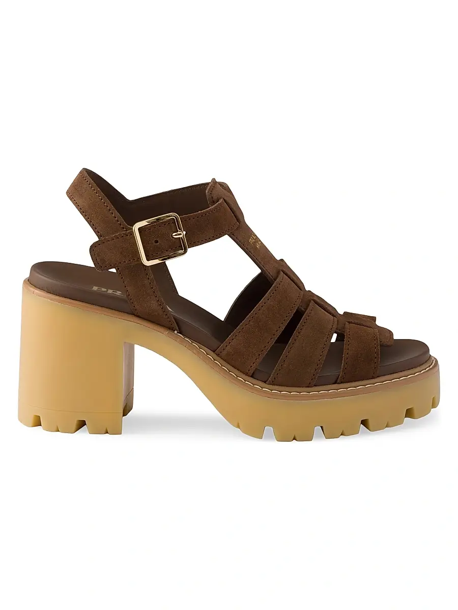 Prada Women's High-Heeled Suede Platform Sandals - Brown | Image 1 Prada Women's High-Heeled Suede Platform Sandals - Brown | Image 1