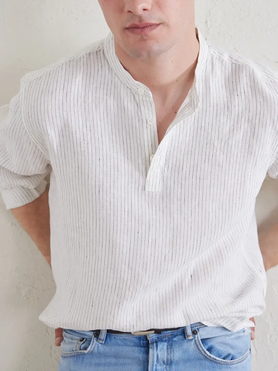MR P. Grandad-Collar Pinstriped Linen Shirt - Men | Thumbnail 6 MR P. Grandad-Collar Pinstriped Linen Shirt - Men | Thumbnail 6