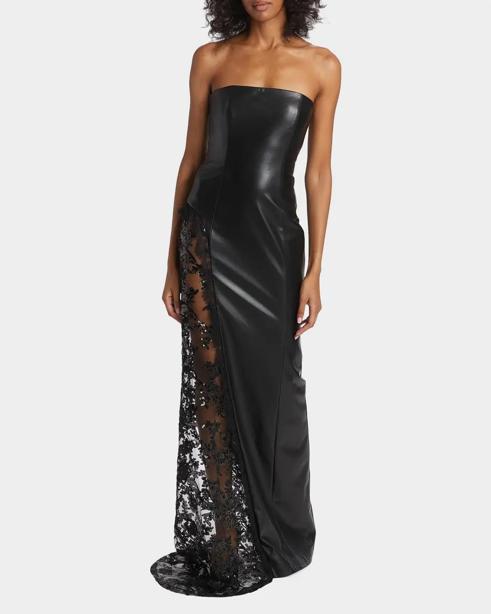 Alice + Olivia Retha Strapless Vegan Leather Lace Maxi Dress | Thumbnail 3 Alice + Olivia Retha Strapless Vegan Leather Lace Maxi Dress | Thumbnail 3