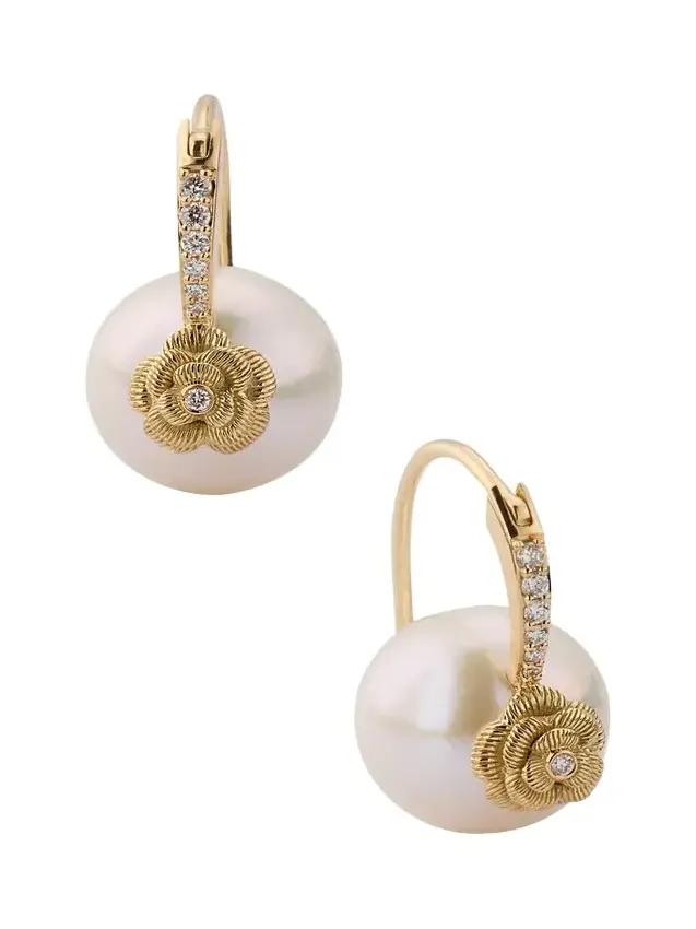 14K Gold & Diamond Rose Pearl Earrings