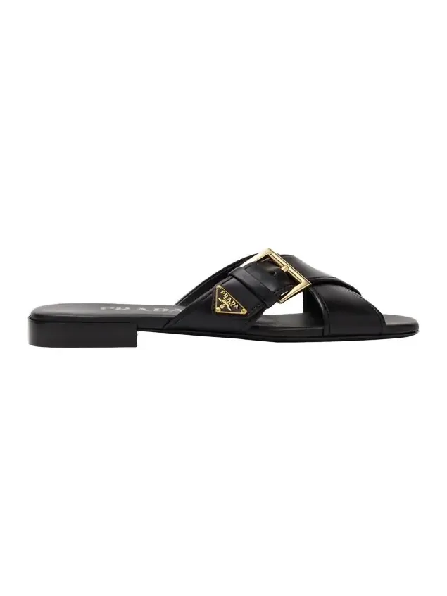 Triangle Logo Buckle Leather Slide Sandals