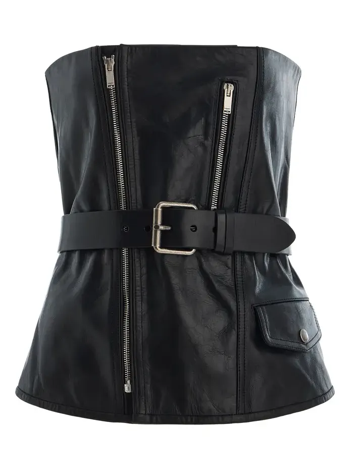 Saint Laurent Strapless Belted Leather Biker Bustier Top