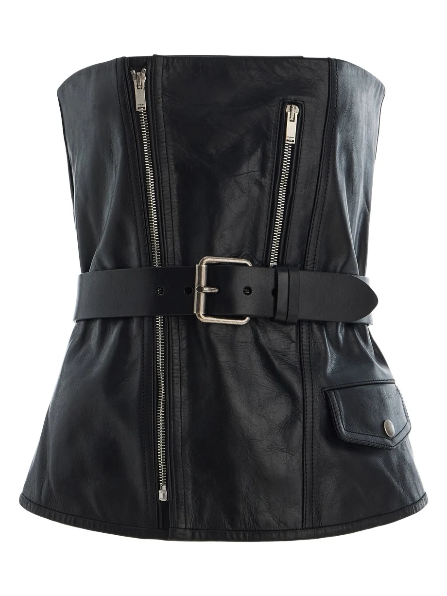 Saint Laurent Strapless Belted Leather Biker Bustier Top