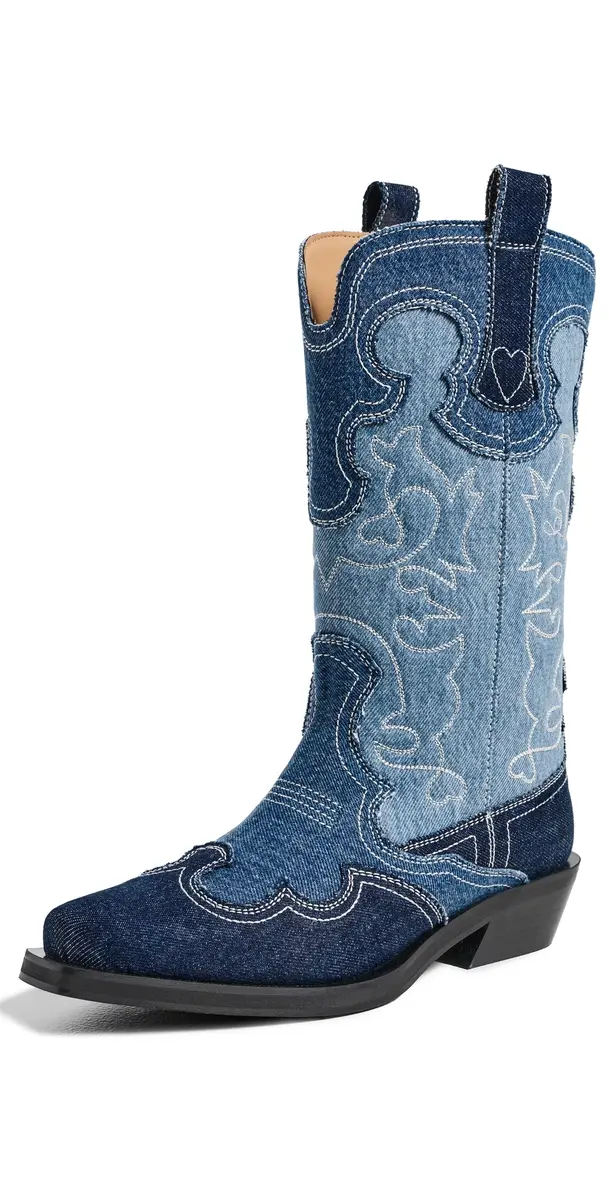 GANNI Mid Shaft Embroidered Denim Western Boots Mid Blue Vintage | Image 1 GANNI Mid Shaft Embroidered Denim Western Boots Mid Blue Vintage | Image 1