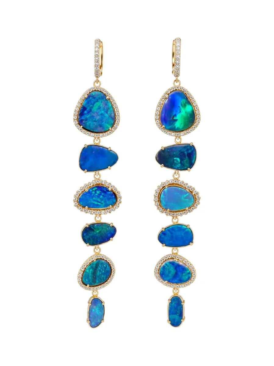 23.62ct Opal Diamond Dangle 14K Gold Earrings