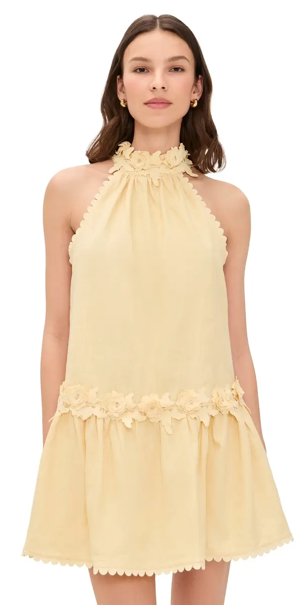 English Factory Halter Flower Detail Mini Dress Butter Yellow | Image 1 English Factory Halter Flower Detail Mini Dress Butter Yellow | Image 1