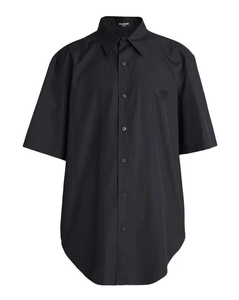 Balmain Men 's Poplin Embroidered-Logo Oversized Short-Sleeve Shirt | Image 1 Balmain Men 's Poplin Embroidered-Logo Oversized Short-Sleeve Shirt | Image 1