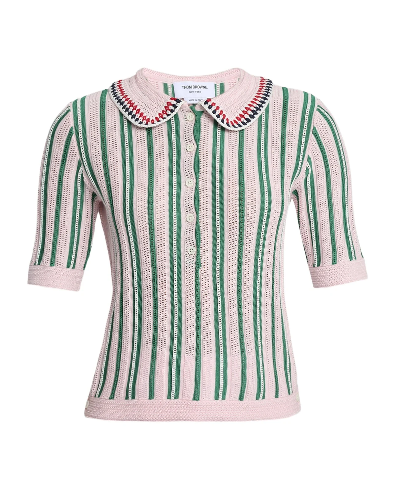 Striped Crochet Short-Sleeve Polo Shirt Striped Crochet Short-Sleeve Polo Shirt