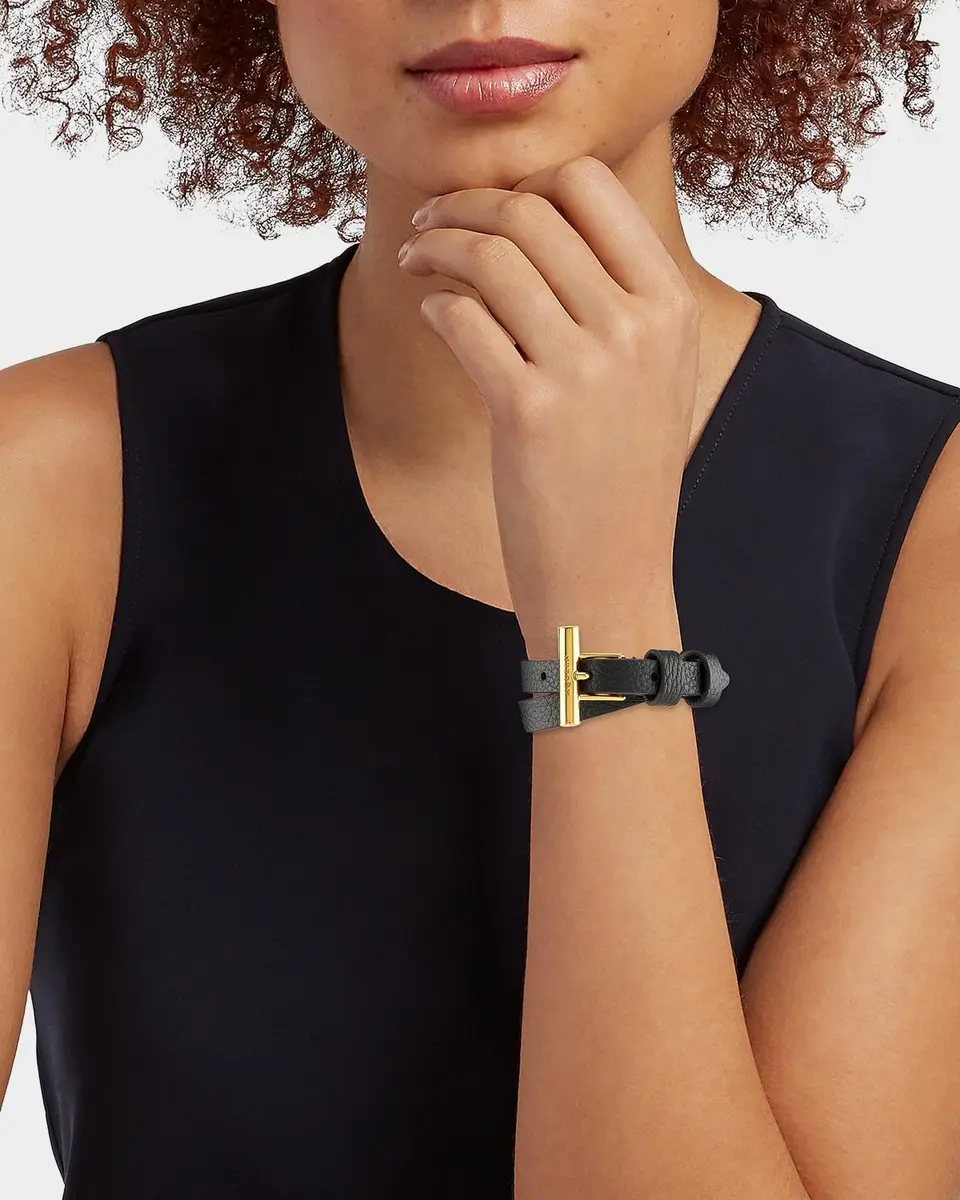McQueen Goldtone & Grained Leather Double Wrap Bracelet | Image 1 McQueen Goldtone & Grained Leather Double Wrap Bracelet | Image 1