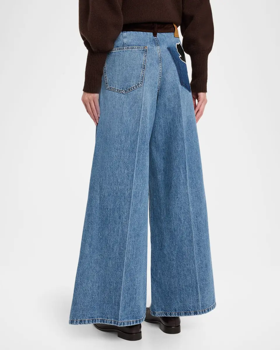 Marni Flower Patch Velvet-Waistband Wide-Leg Denim Trousers | Thumbnail 2 Marni Flower Patch Velvet-Waistband Wide-Leg Denim Trousers | Thumbnail 2