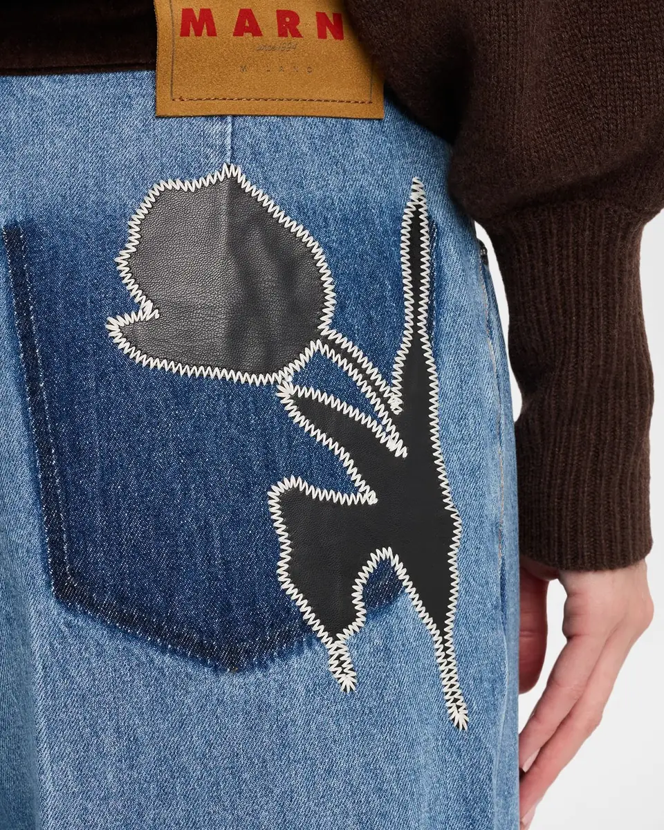 Marni Flower Patch Velvet-Waistband Wide-Leg Denim Trousers | Thumbnail 4 Marni Flower Patch Velvet-Waistband Wide-Leg Denim Trousers | Thumbnail 4