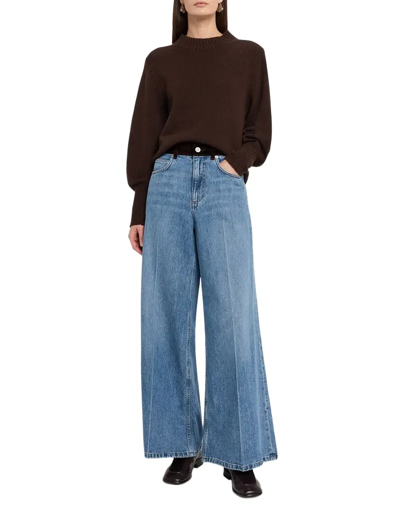 Flower Patch Velvet-Waistband Wide-Leg Denim Trousers