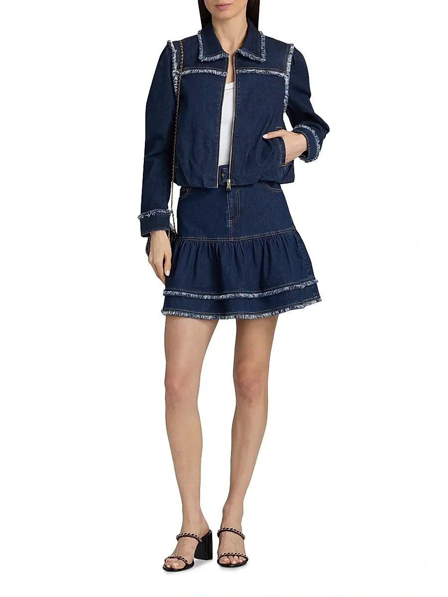 Cinq à Sept Women's Indria Denim Fringe Crop Bomber Jacket | Thumbnail 2