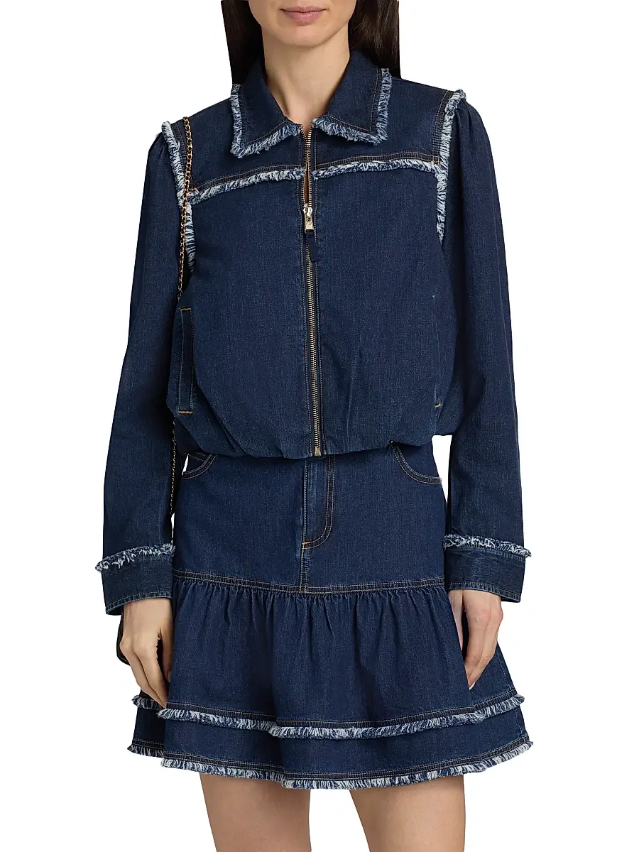 Cinq à Sept Women's Indria Denim Fringe Crop Bomber Jacket | Thumbnail 3