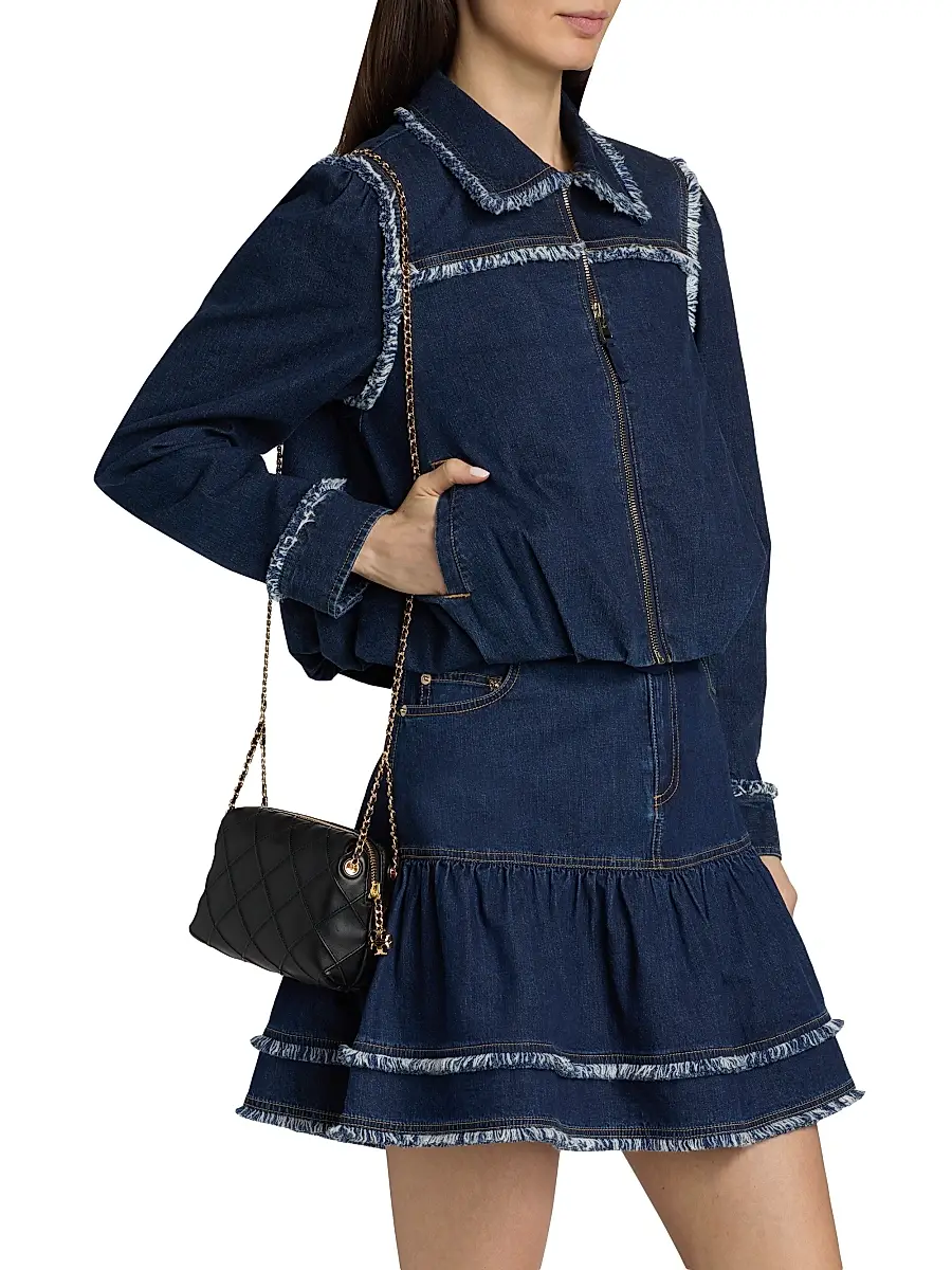 Cinq à Sept Women's Indria Denim Fringe Crop Bomber Jacket | Thumbnail 4