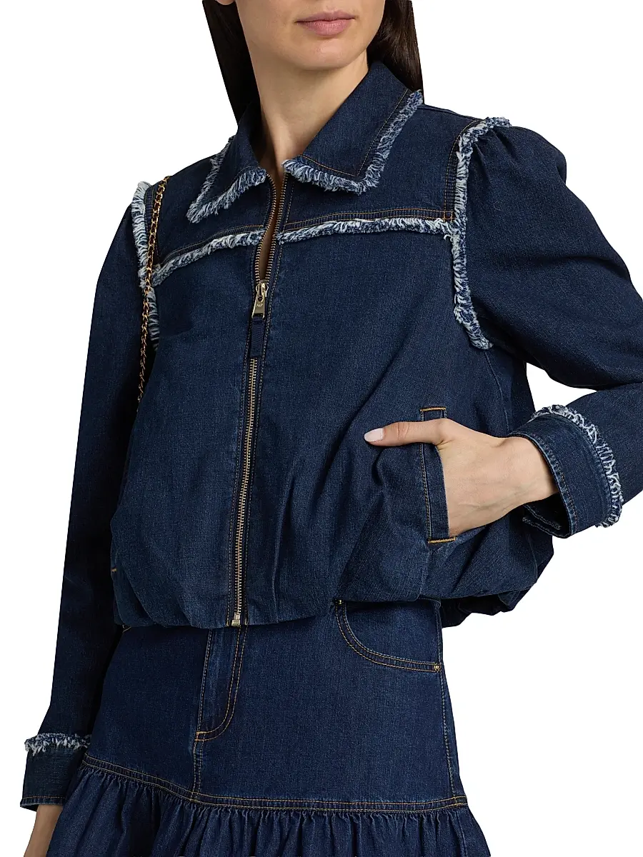 Cinq à Sept Women's Indria Denim Fringe Crop Bomber Jacket | Thumbnail 6