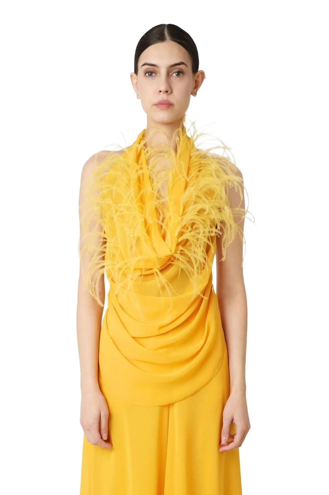 Lapointe Lightweight Georgette Draped Cowl Neck Top With Feathers