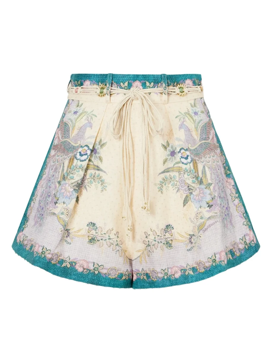 Zimmermann Indra Belted Mid-rise Floral-print Linen Shorts