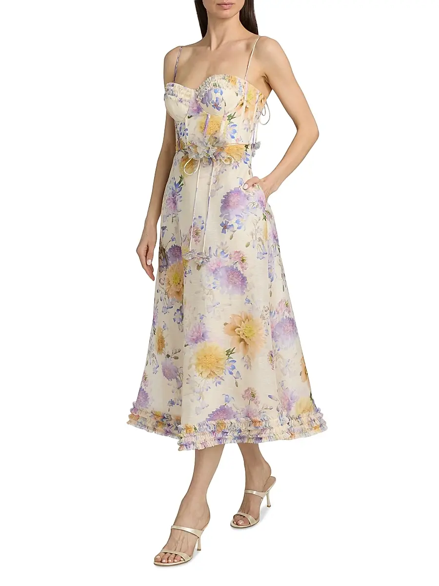 Zimmermann Women's Kindred Spirit Luna Floral Linen-Silk Ruffle Midi-Dress | Thumbnail 2