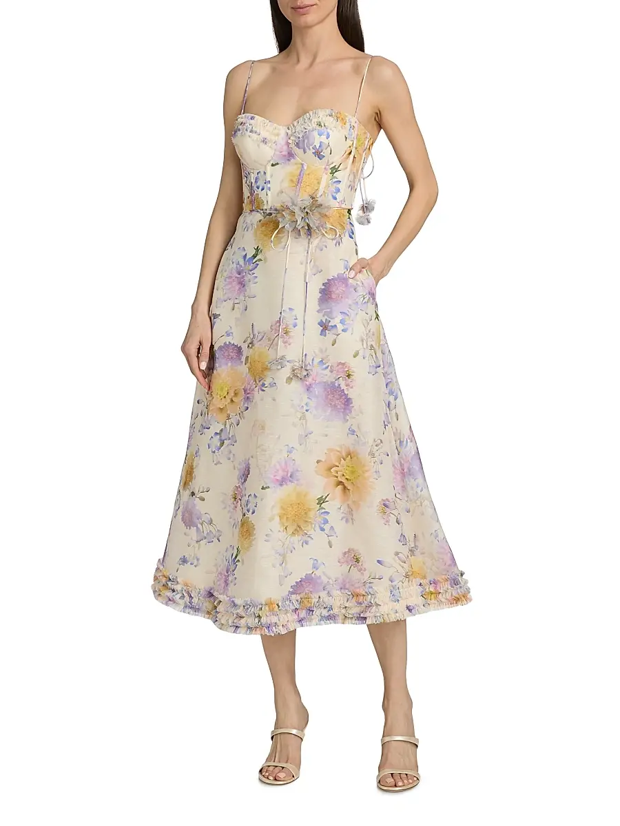 Zimmermann Women's Kindred Spirit Luna Floral Linen-Silk Ruffle Midi-Dress | Thumbnail 3
