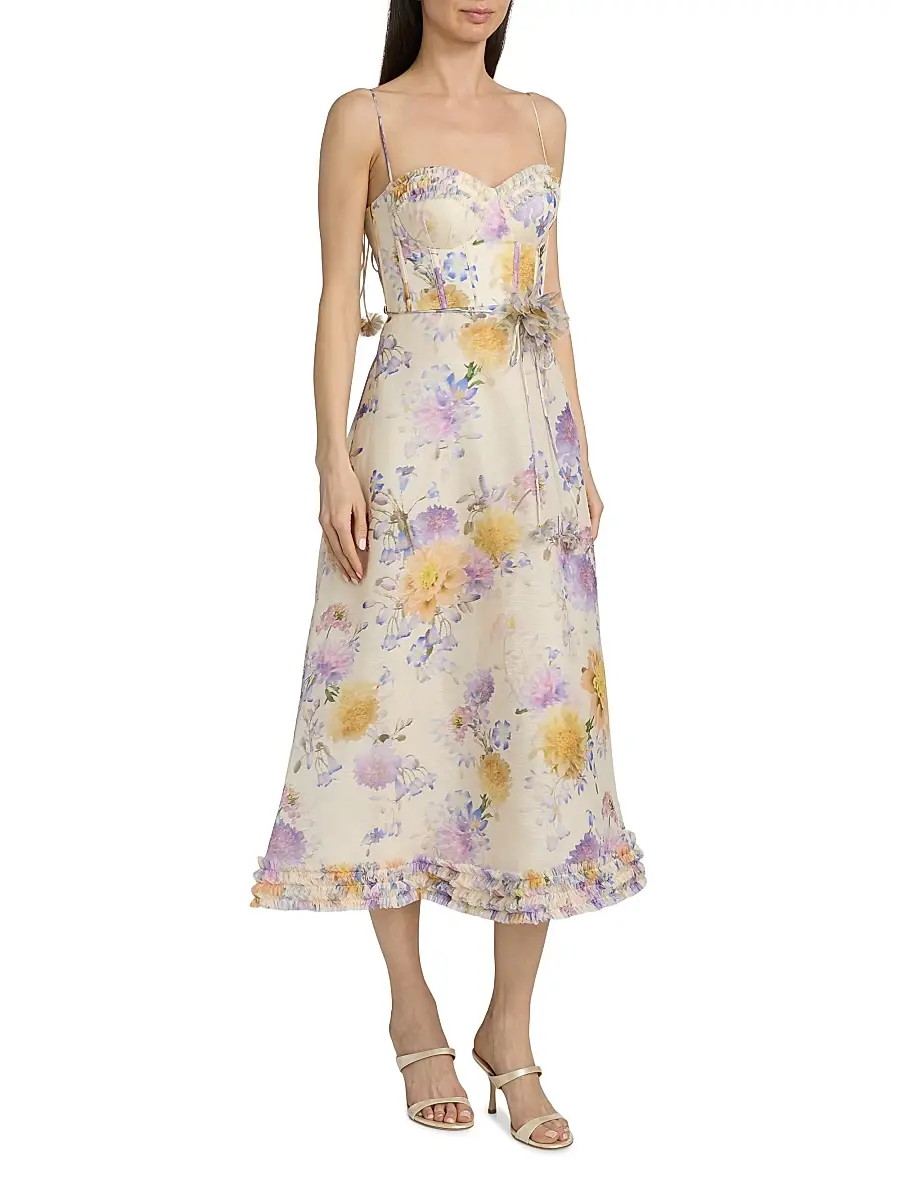 Zimmermann Women's Kindred Spirit Luna Floral Linen-Silk Ruffle Midi-Dress | Thumbnail 4
